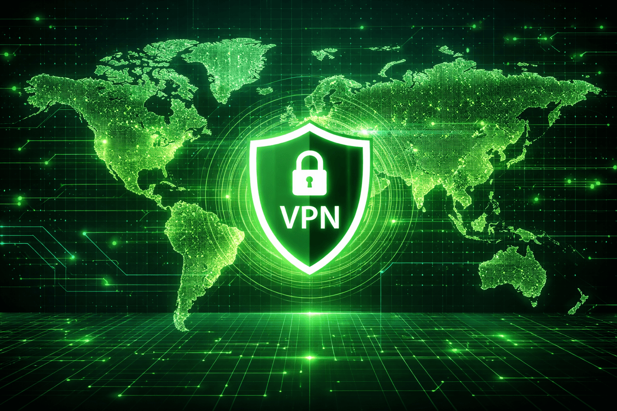 VPN logo in front of global map