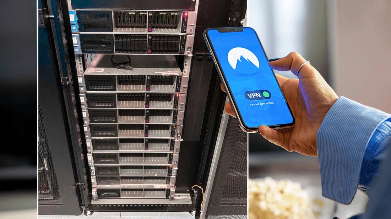 VPN server used by Windscribe in an inset image with a hand holding a VPN app in the inset