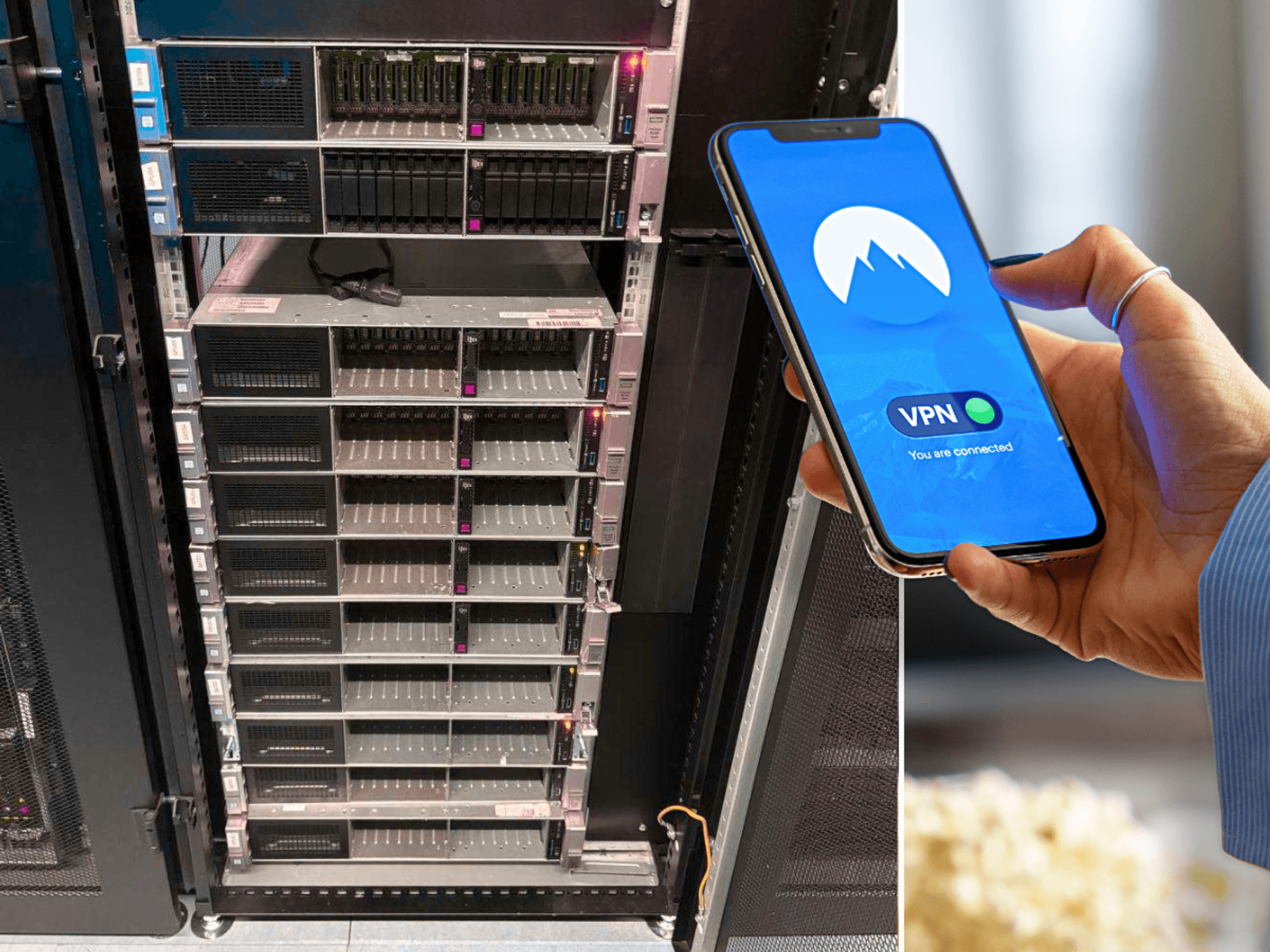 VPN server used by Windscribe in an inset image with a hand holding a VPN app in the inset