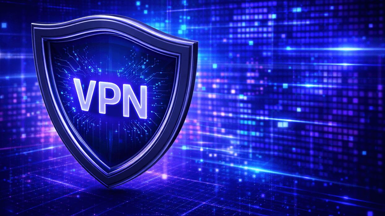 VPN shield symbol with digital purple background