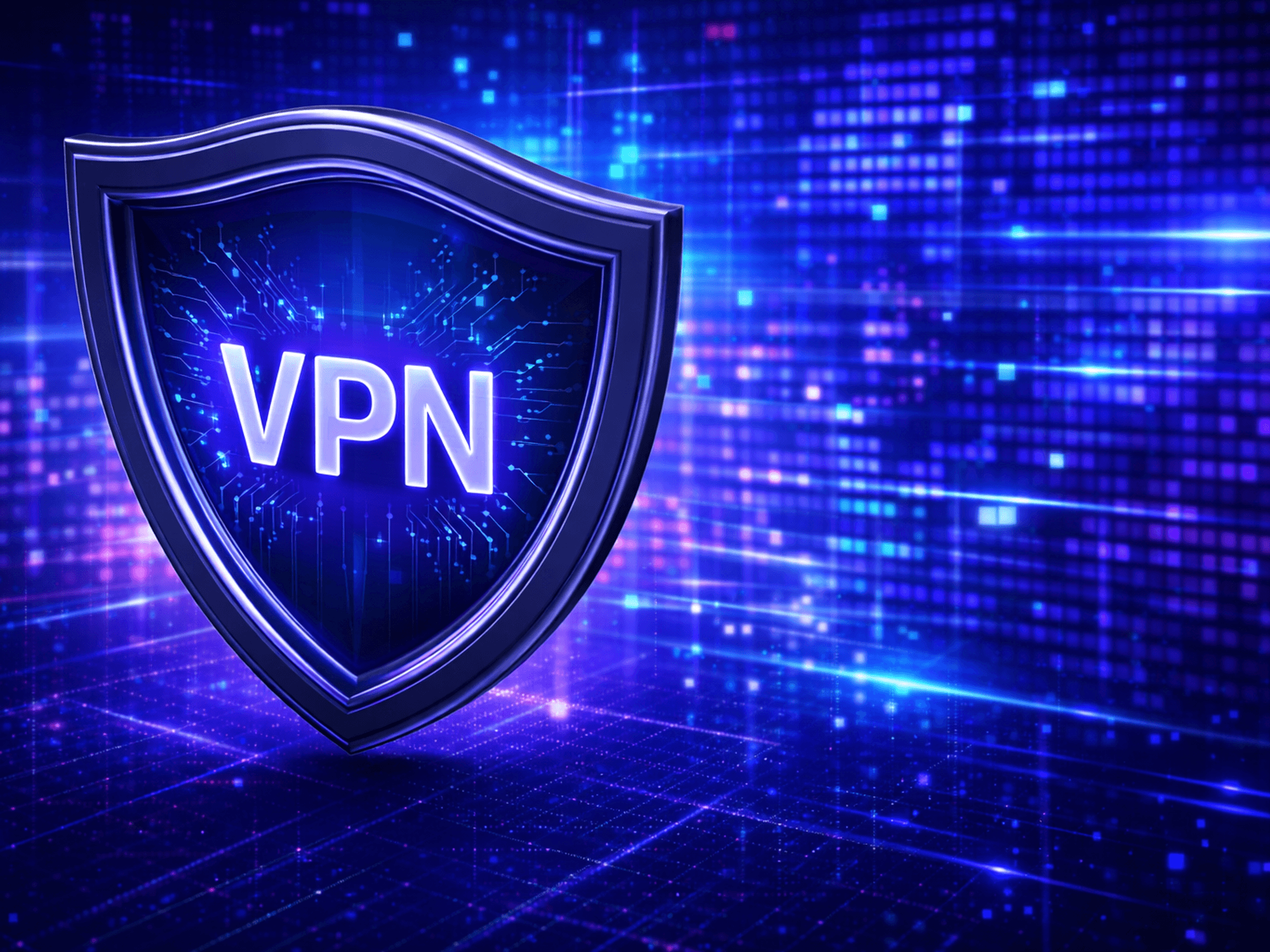 VPN shield symbol with digital purple background