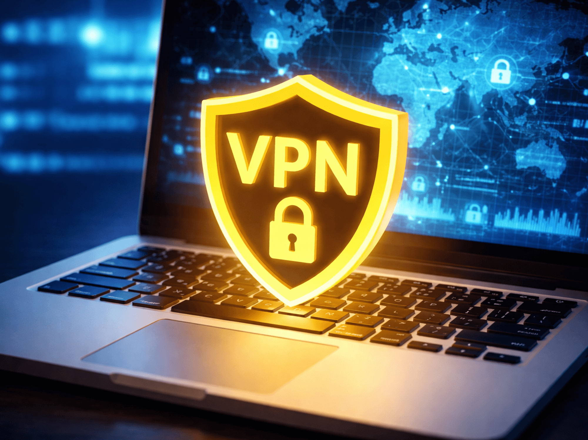 VPN symbol above open laptop