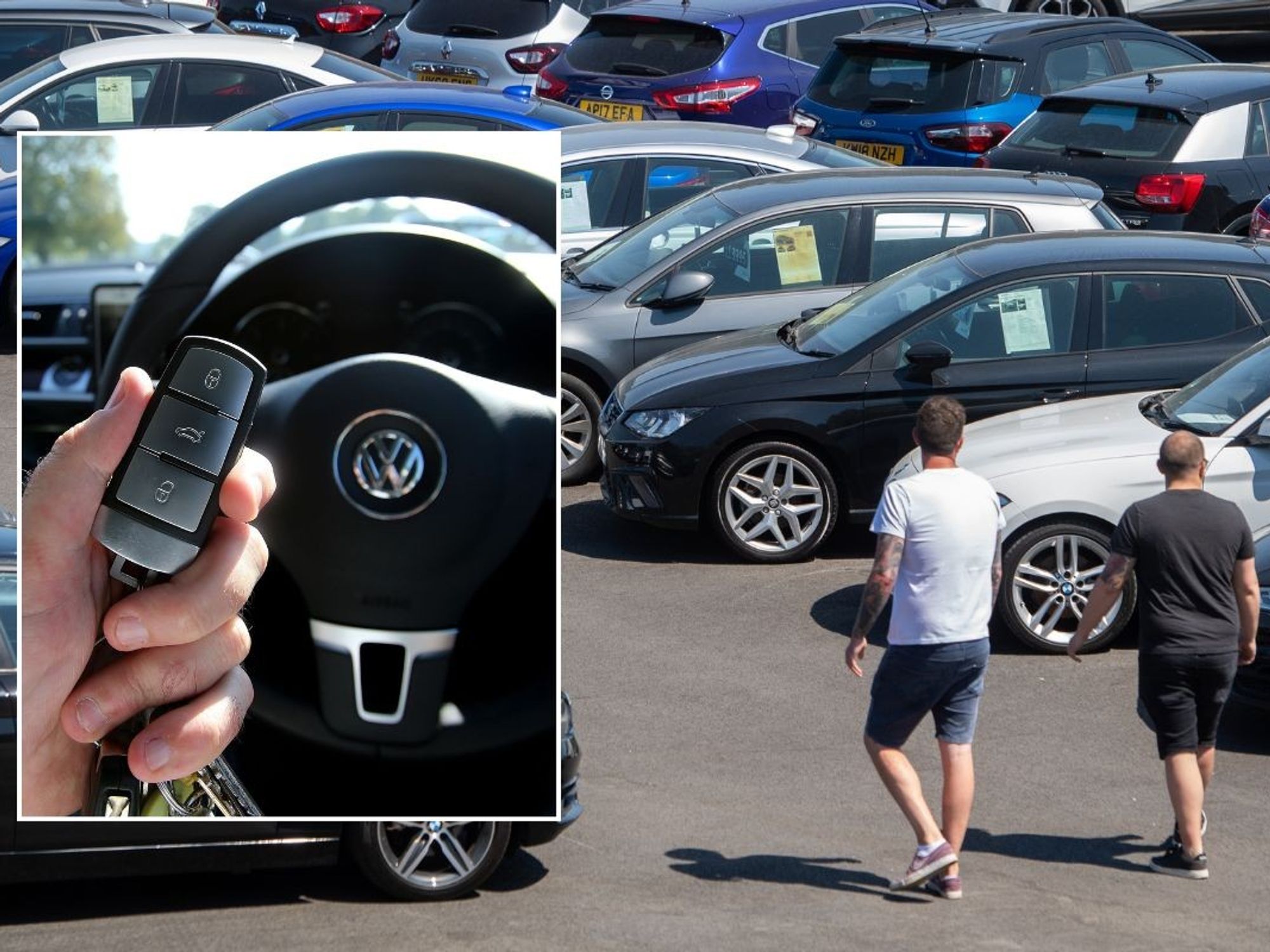 VW car key and people shopping for a new car