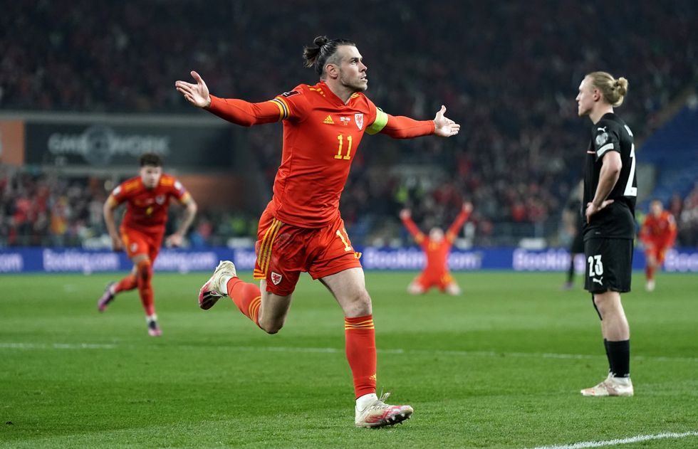 Wales' Gareth Bale celebrates scoring their side's second goal of the game during the FIFA World Cup Qualifier semi-final match at Cardiff City Stadium, Cardiff. Picture date: Thursday March 24, 2022.