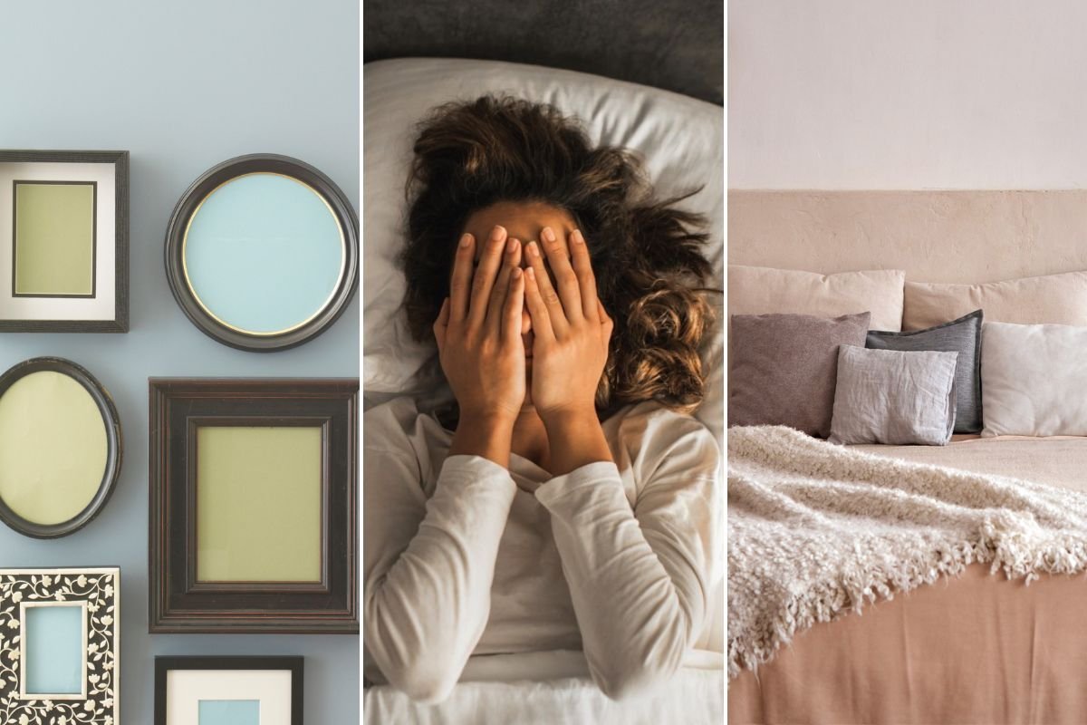 Wall art / Woman struggling to sleep / Pillows and cushions on bed