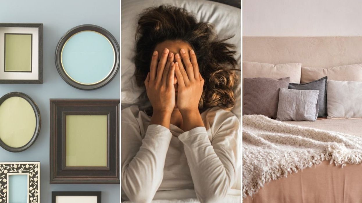 Wall art / Woman struggling to sleep / Pillows and cushions on bed