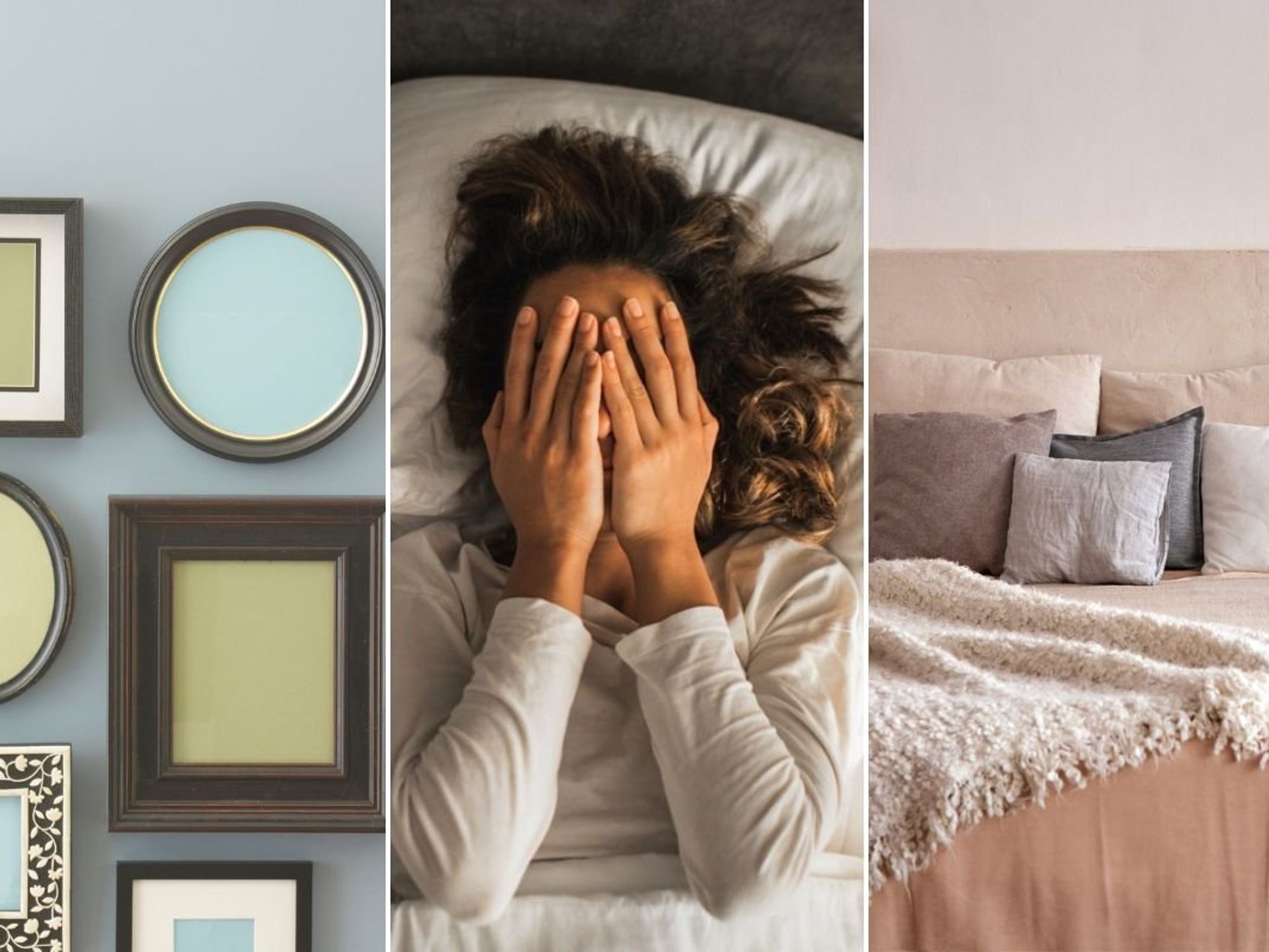 Wall art / Woman struggling to sleep / Pillows and cushions on bed