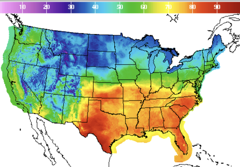 Warm air from the south hits colder air to the north