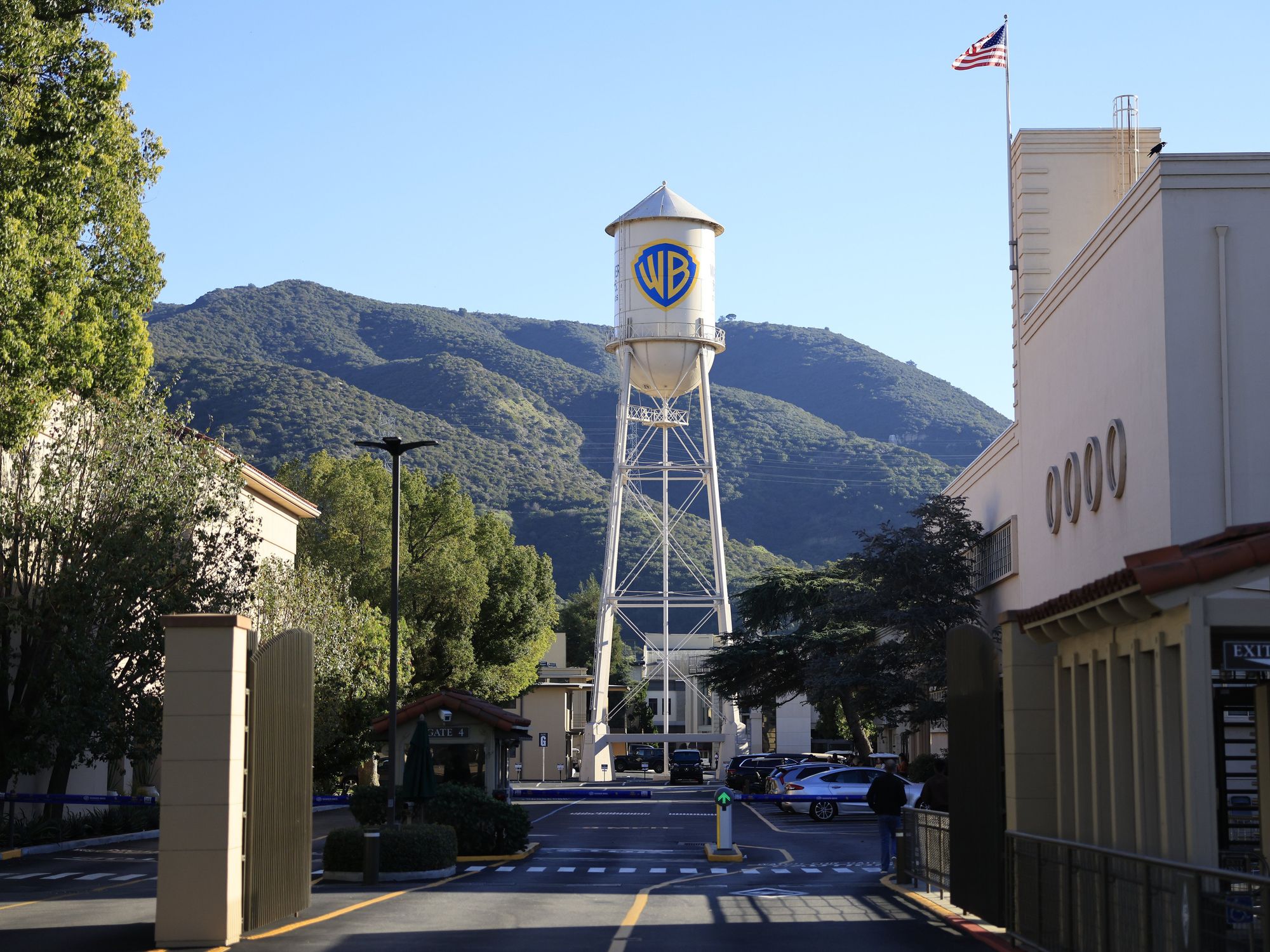 Warner Bros logo on the water tower at Warner Bros. Studio in Burbank, California