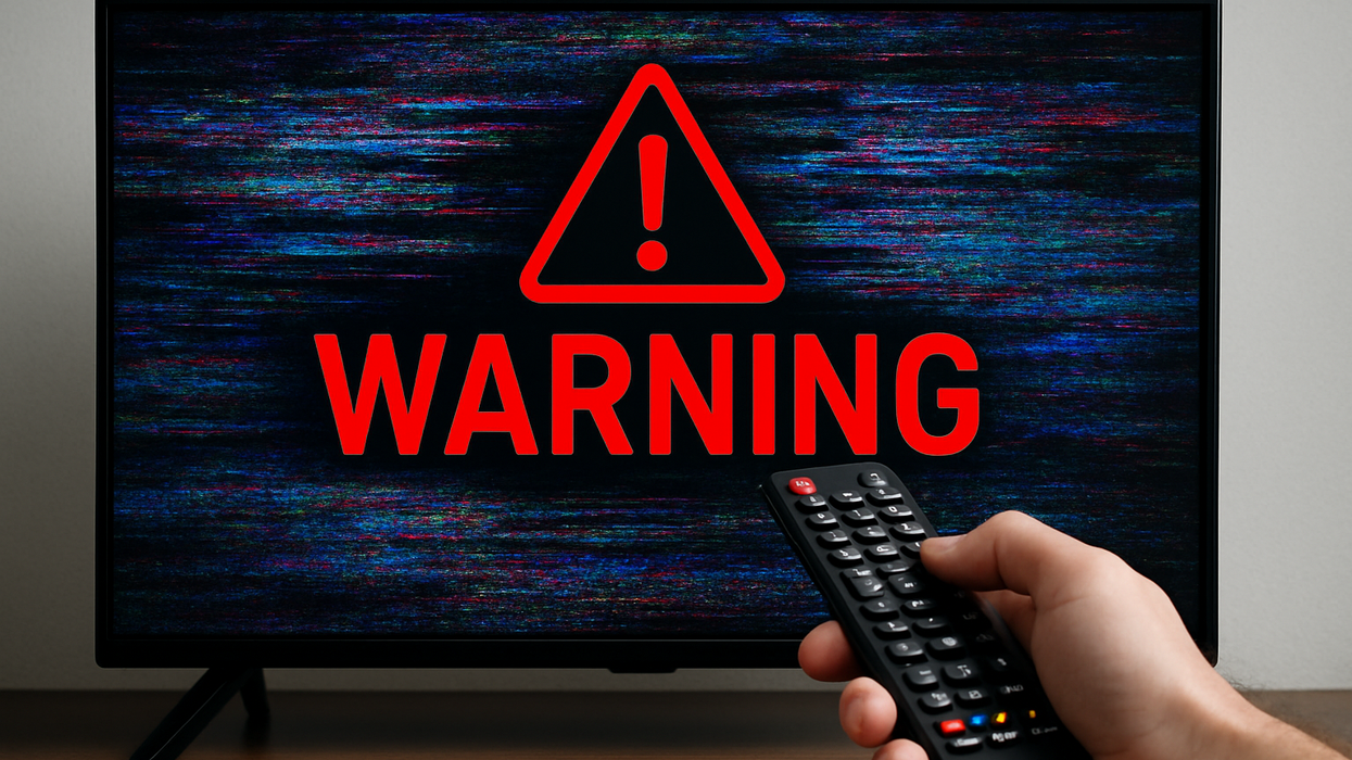 Warning across TV screen with hand holding remote