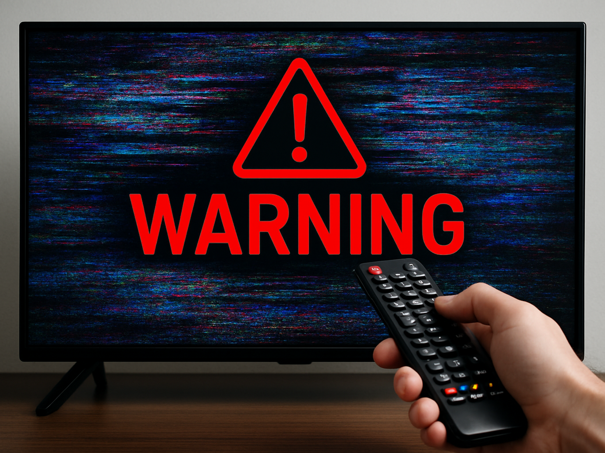 Warning across TV screen with hand holding remote