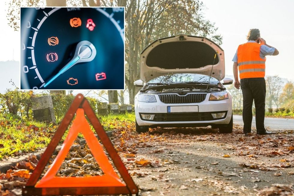Warning lights on a car dashboard and a man with a broken down vehicle