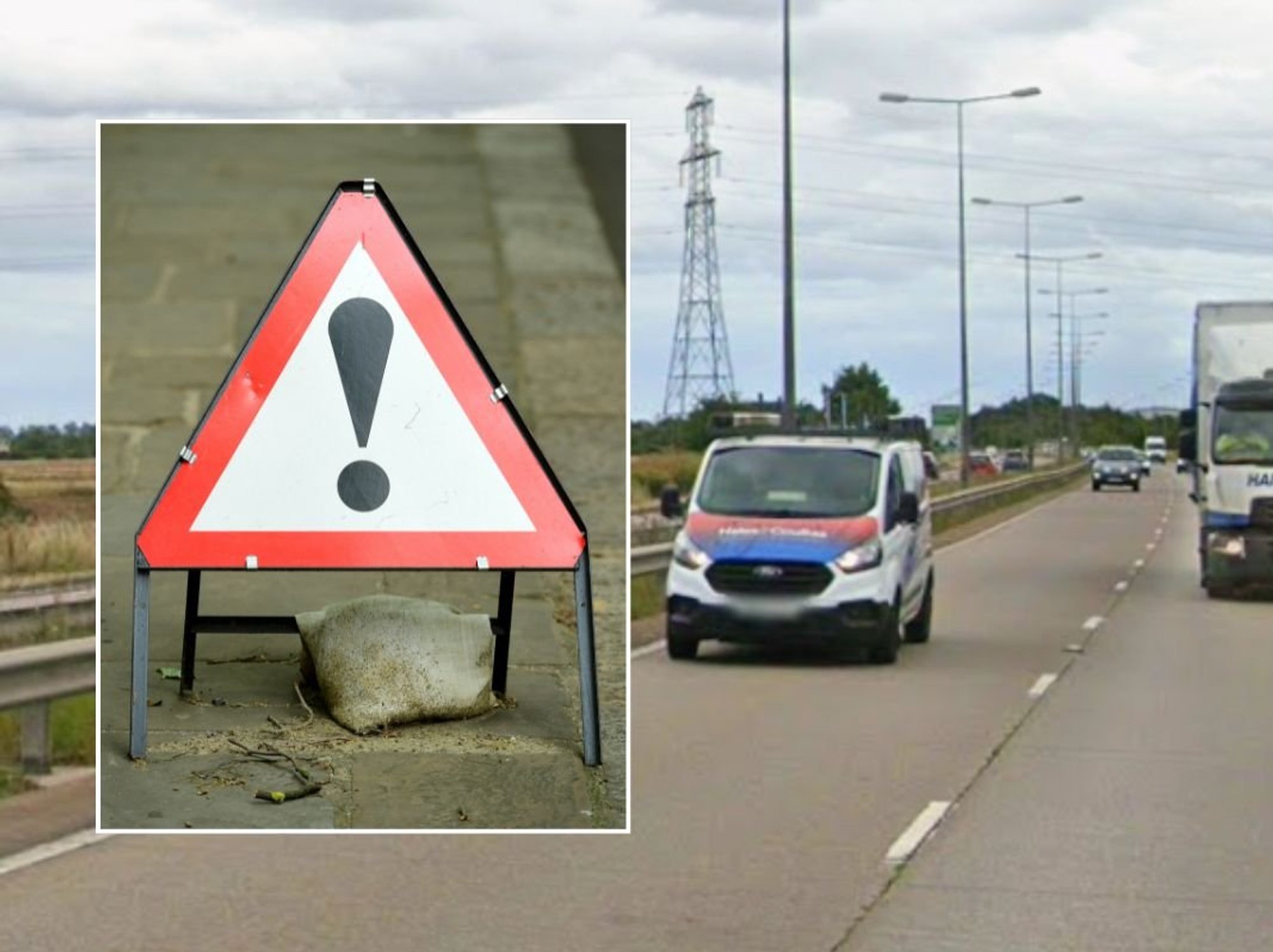 Warning road sign and the A180 near Grimsby