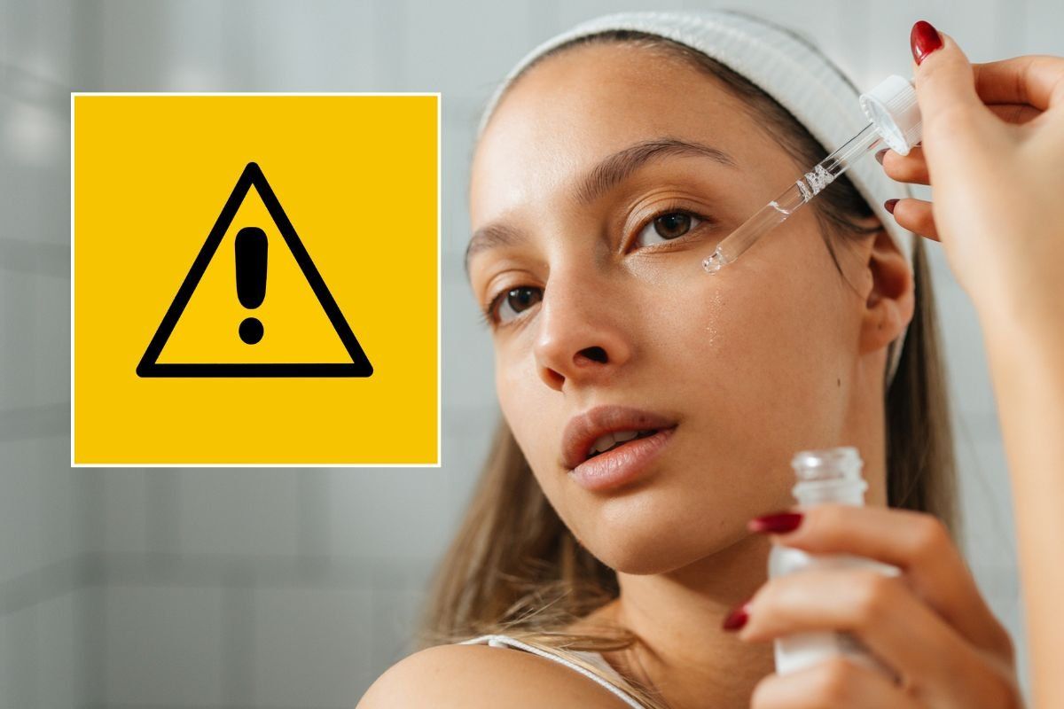 Warning sign / Woman applying skin serum