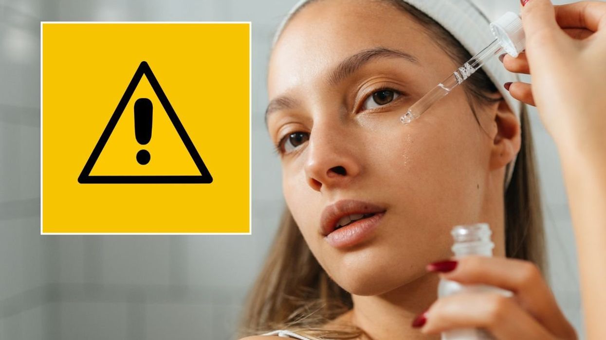 Warning sign / Woman applying skin serum