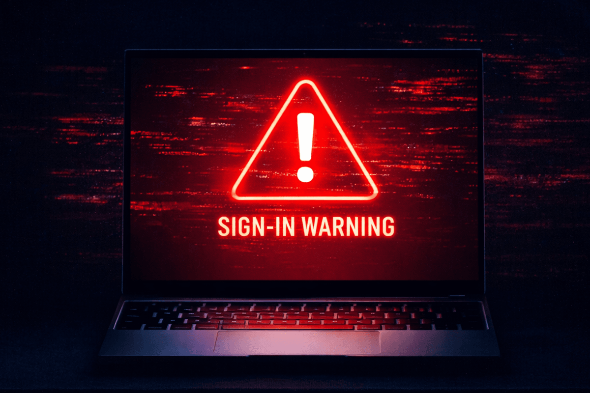 Warning symbol displayed on screen of Microsoft laptop