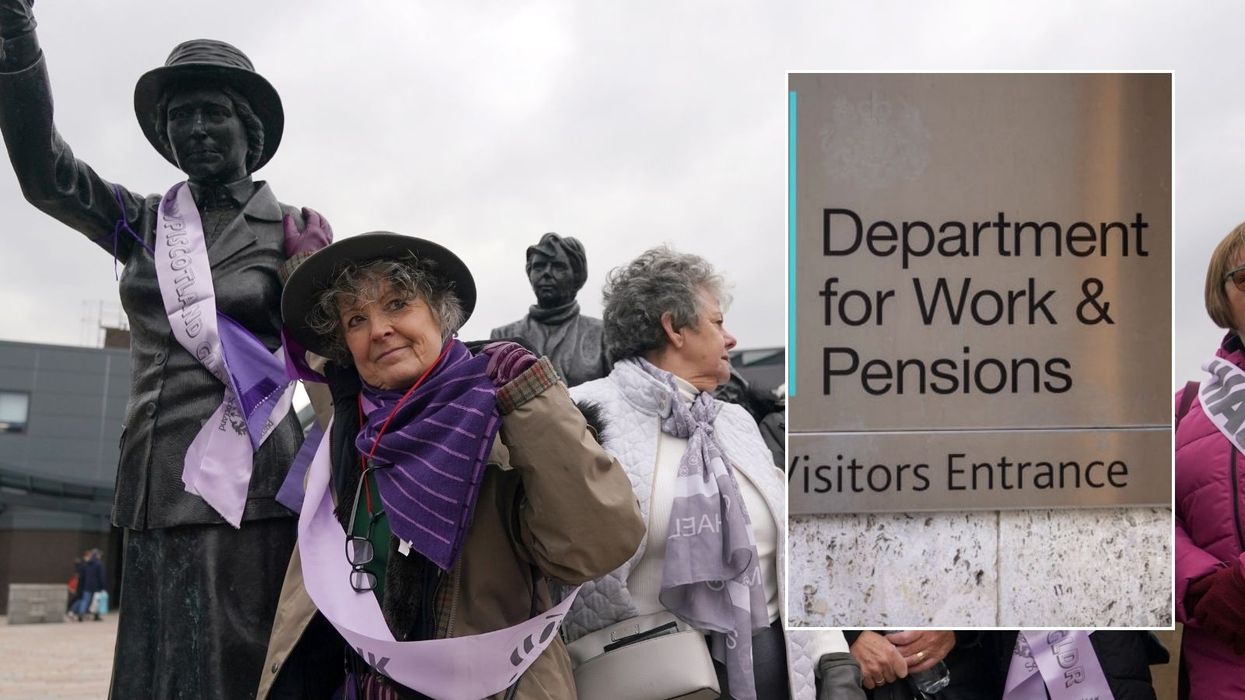 Waspi campaigners and DWP logo