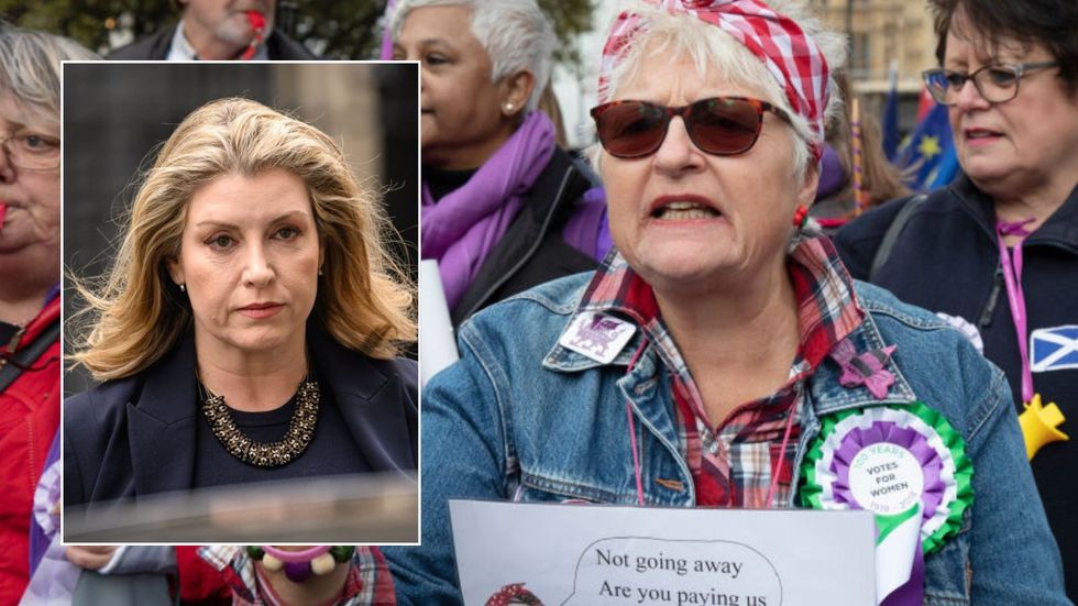 WASPI campaigners and Penny Mourdant leaving Number 10