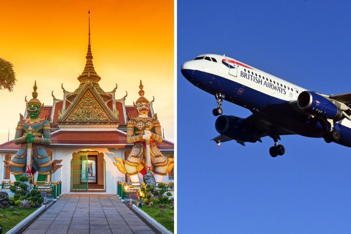 Wat Arun, Bangkok, Thailand / British Airways plane