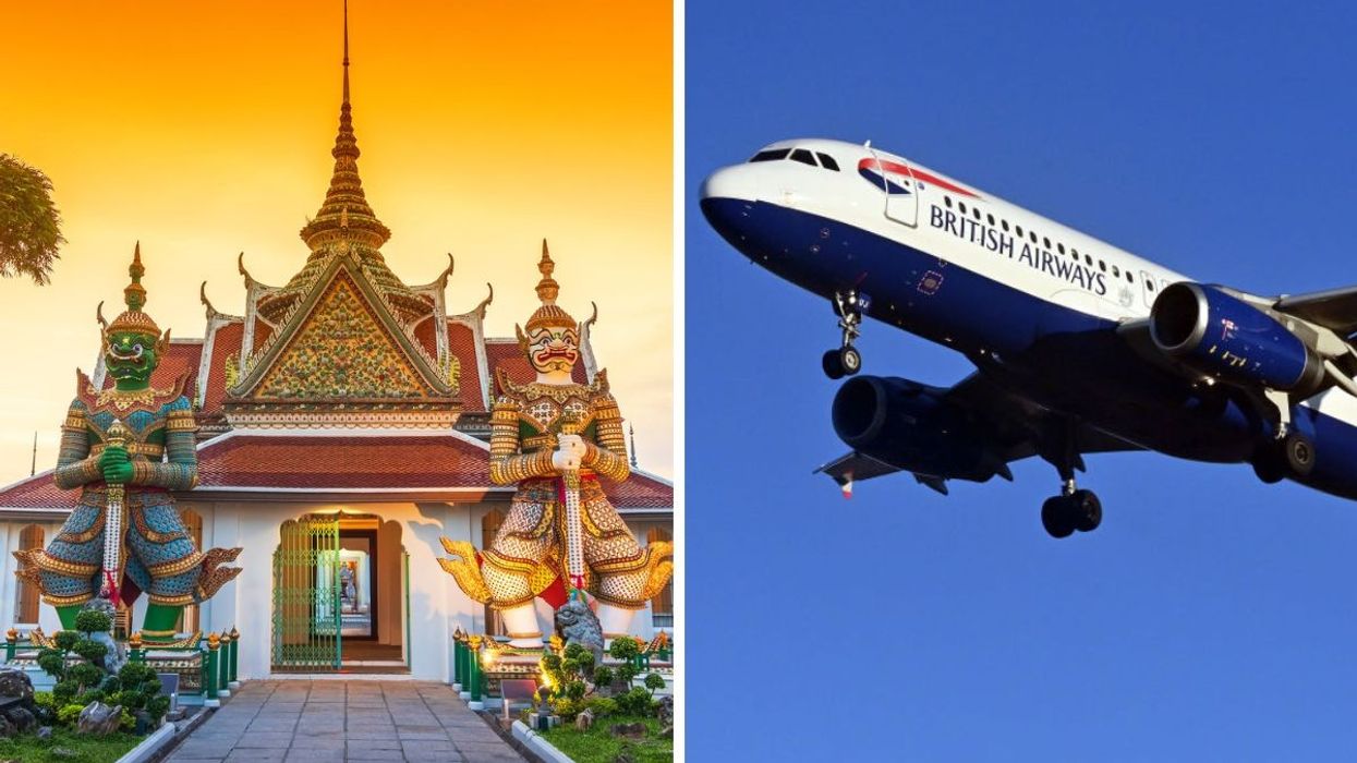Wat Arun, Bangkok, Thailand / British Airways plane