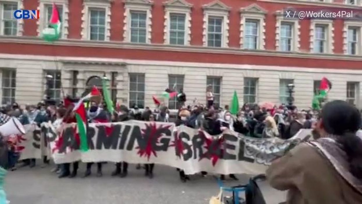 Pro-Palestine protesters clash with police outside the Department for Business and Trade as 600 activists block government building