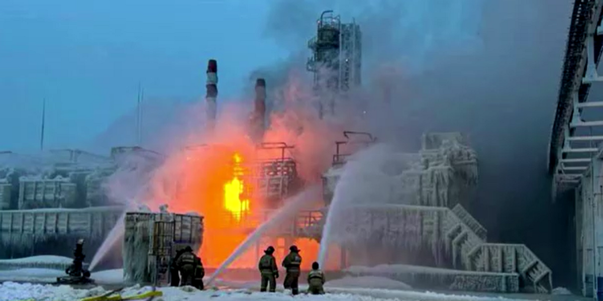NextImg:Explosion causes large fire at Russian gas terminal after suspected Ukrainian drone strike