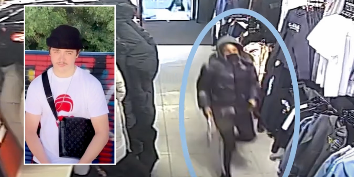 NextImg:Thug sprints through clothing store brandishing a MACHETE after stabbing teenager to death