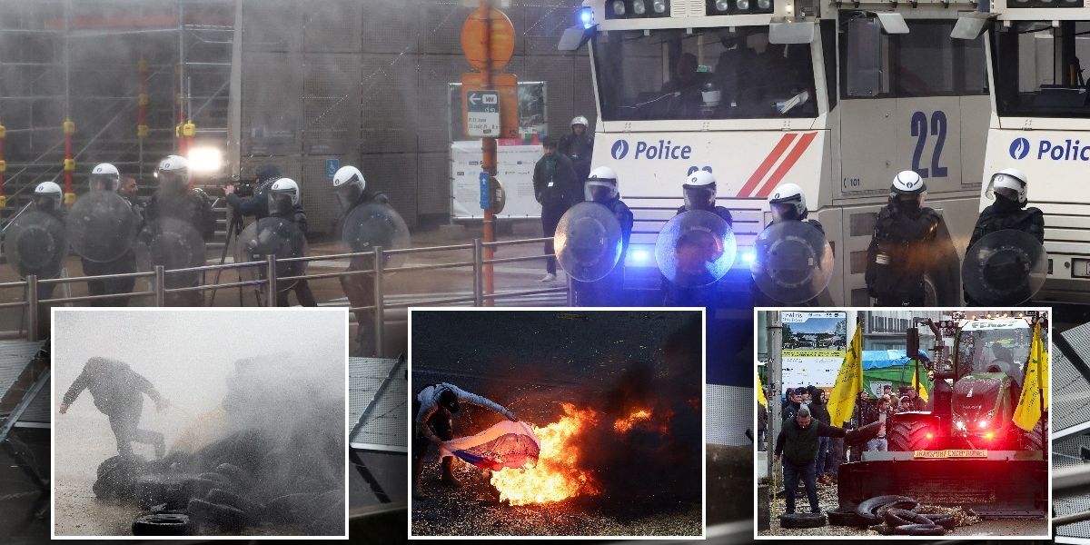 NextImg:Riot police fire water cannon after protesting farmers light BONFIRE outside EU HQ