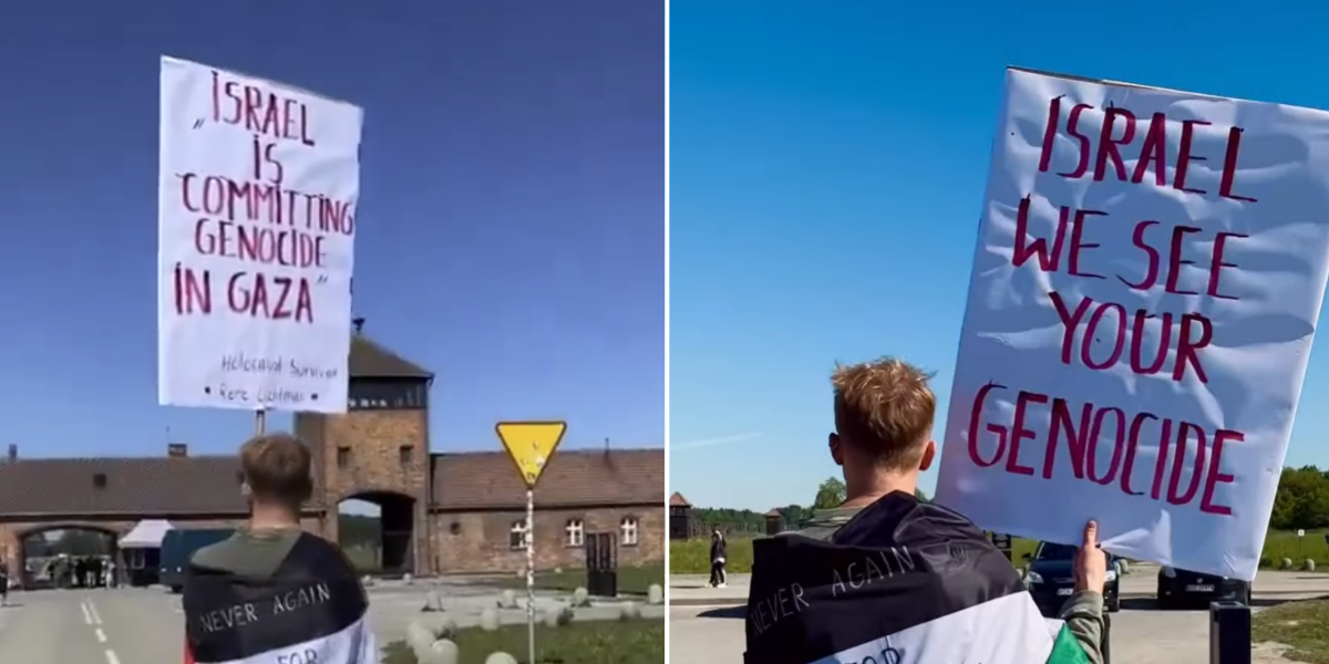 NextImg:Pro-Palestine activist stands outside Auschwitz concentration camp with sign that reads 'Israel is committing genocide in Gaza'