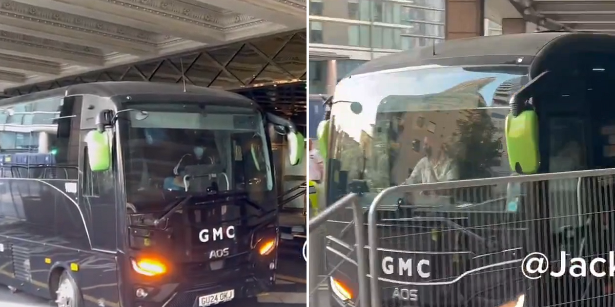 NextImg:Watch moment coach appears to move migrants from luxury Canary Wharf hotel