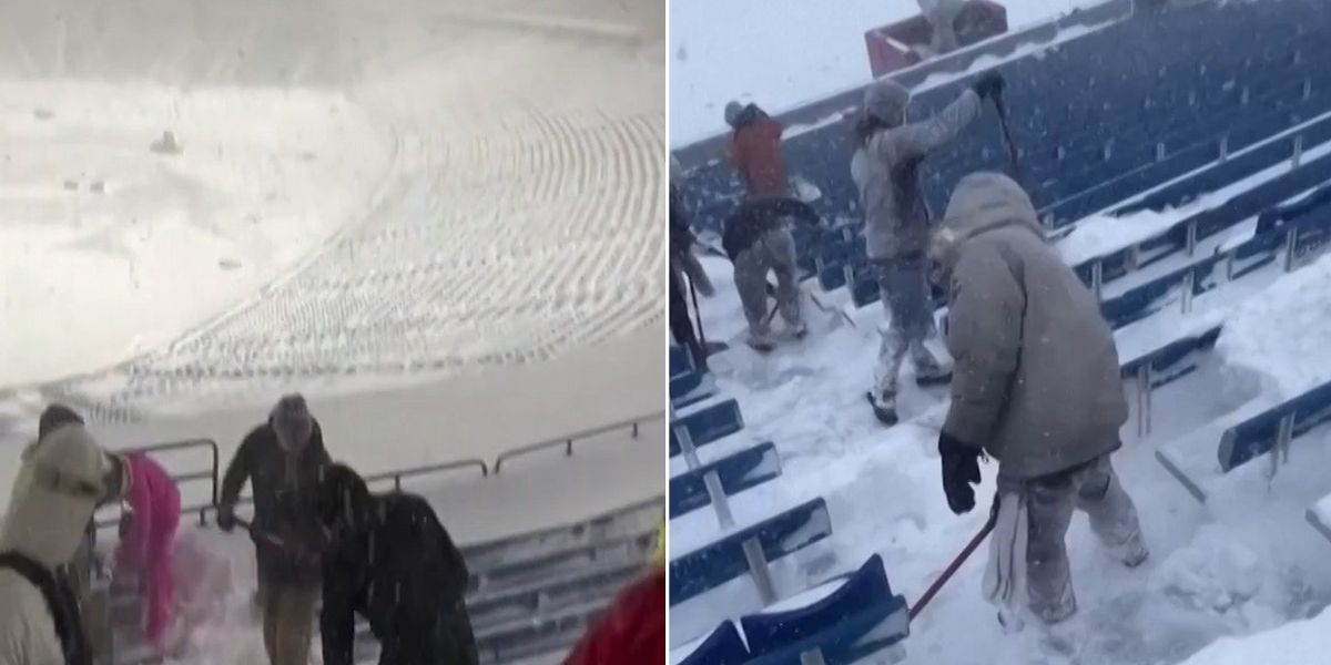 NextImg:Buffalo Bills fans rush to shovel inches of snow from stadium in desperate attempt to allow NFL playoff game