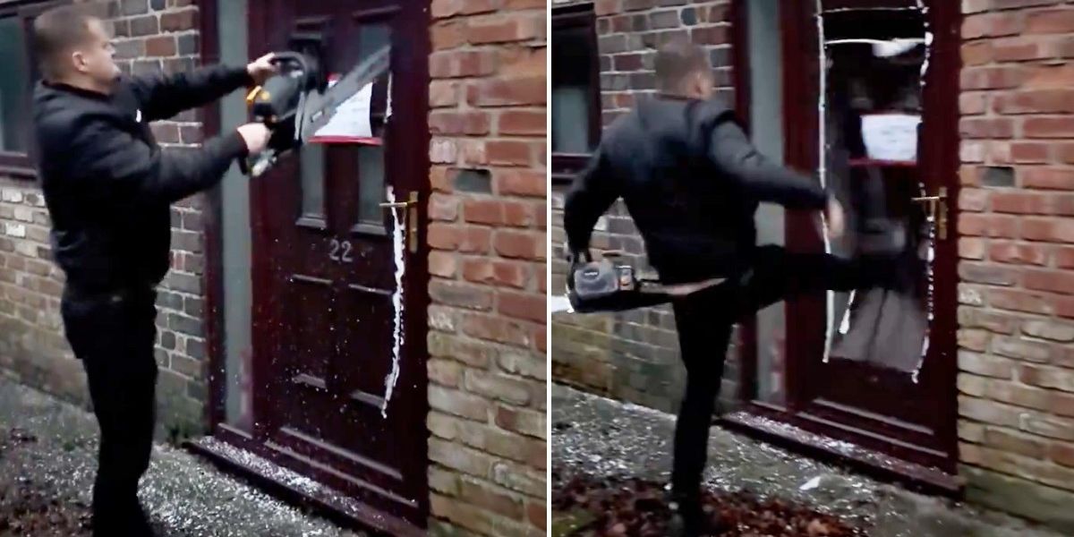 NextImg:Shocking moment landlord takes chainsaw to tenant's door in bid to 'evict them'