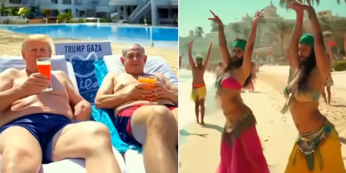 NextImg:Trump shares bizarre Gaza AI video that sees President sunbathe by the pool alongside Netanyahu and 'trans Arab belly dancers' perform on the beach