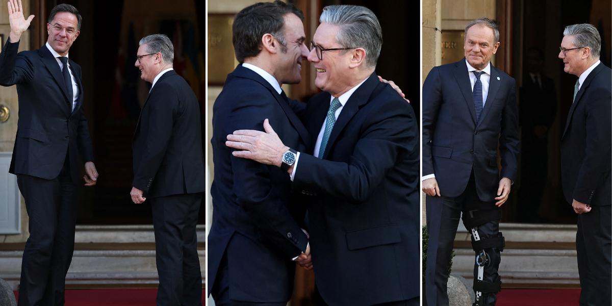 NextImg:Keir Starmer joined by Emmanuel Macron and other European leaders as they arrive at Lancaster House for London summit