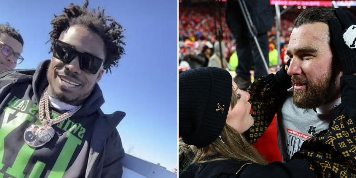NextImg:Eagles star mocks Travis Kelce and Taylor Swift relationship during Super Bowl parade