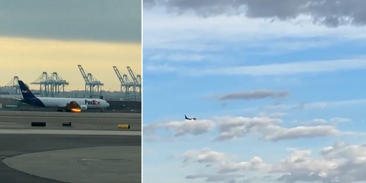 NextImg:FedEx plane makes emergency landing at Newark Airport after catching on fire as 'explosions' heard