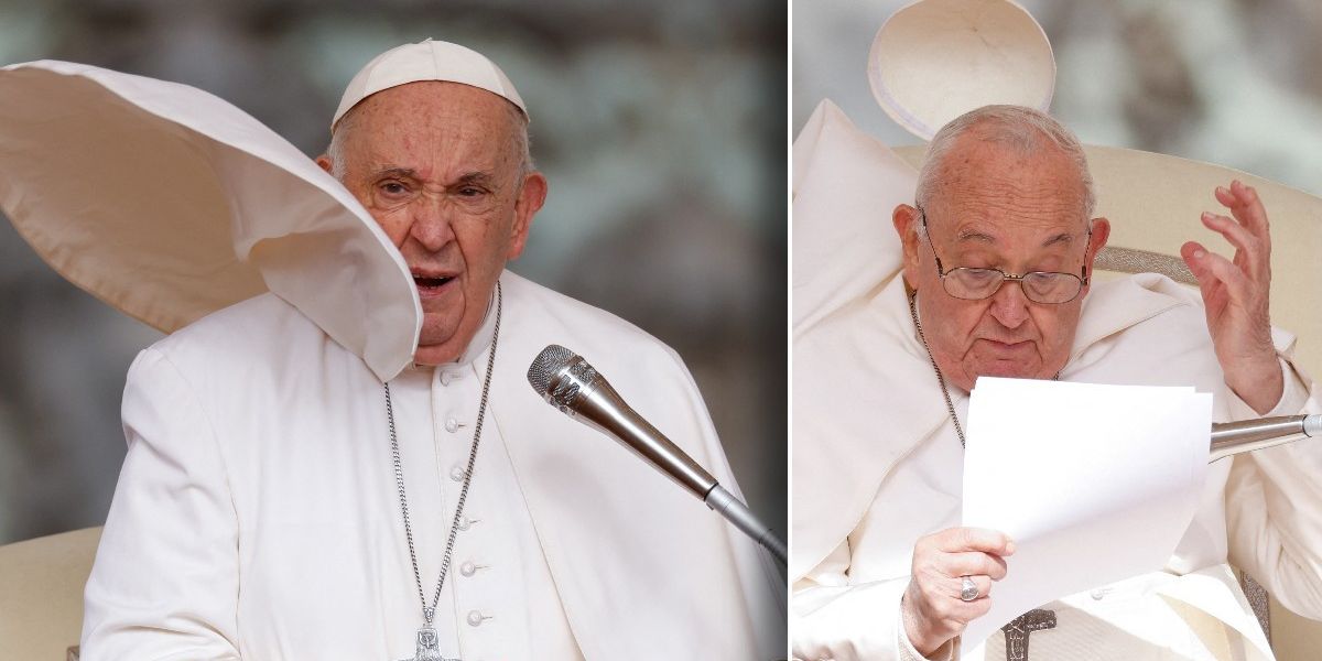 NextImg:Pope Francis left flustered as strong winds blow off his hat and clothes slap his face