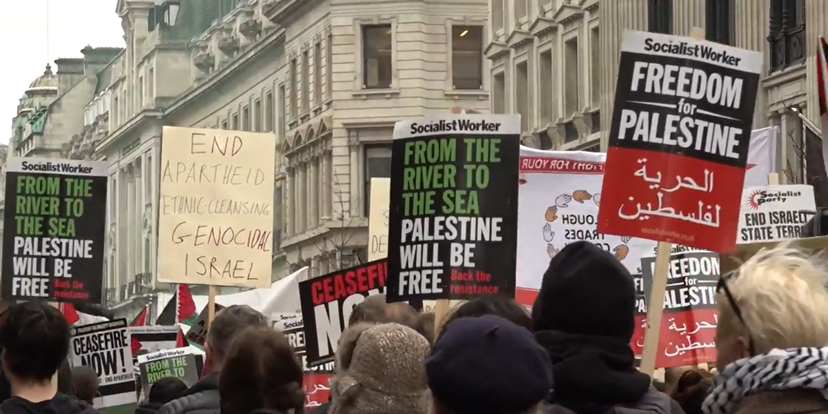 NextImg:Palestine protesters spotted with 'Zionists control the media' placards as they march through London