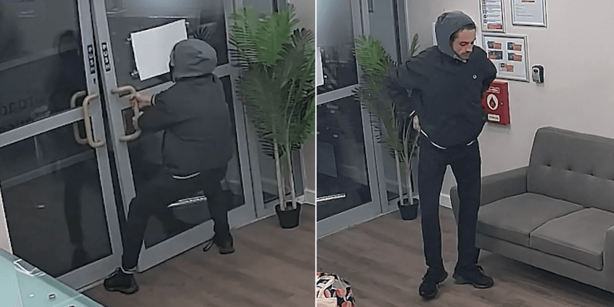 Watch the moment inept burglar frantically fails to open door after student accommodation raid Watch the moment inept burglar frantically fails to open door after student accommodation raid