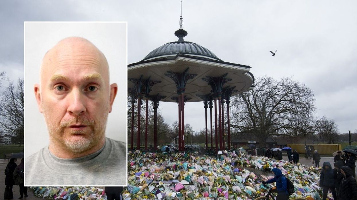Wayne Couzens inset, and Sarah Everard tributes