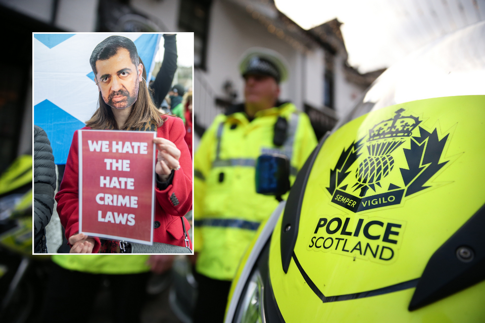 We Hate the Hate Crime Laws protester and police scotland sign