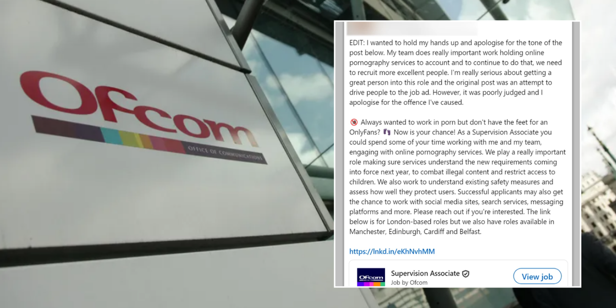 NextImg:Ofcom forced to apologise amid fury over 'ill-judged' porn job advert - 'Completely reprehensible!'