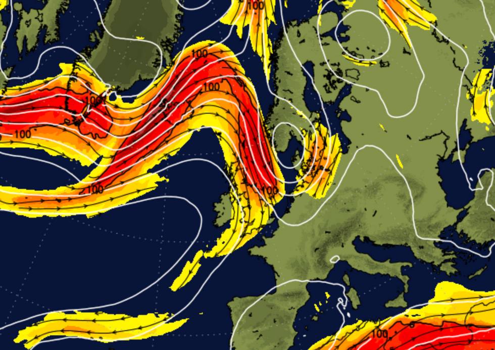 Weather map of "high-pressure ridge" extending across the UK
