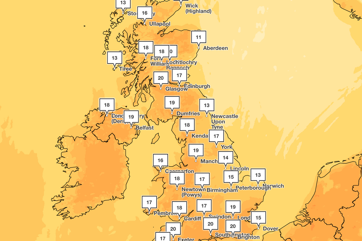 Weather map of high temperatures across the UK