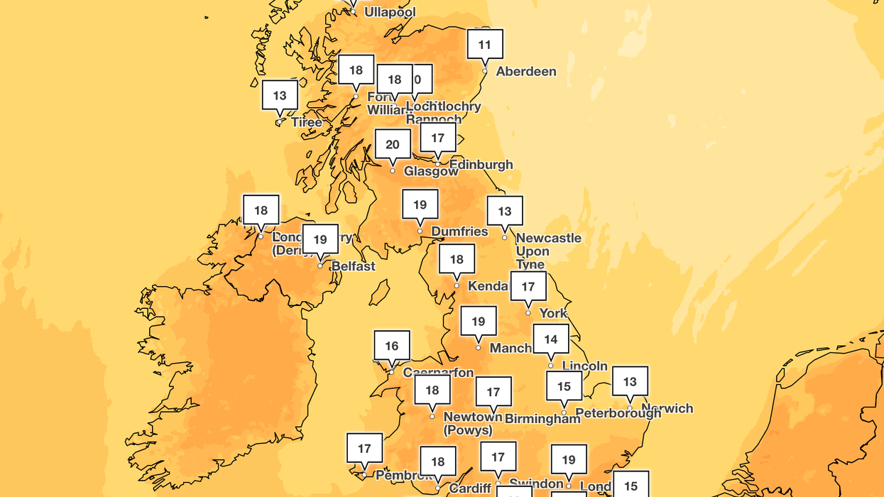 Weather map of high temperatures across the UK