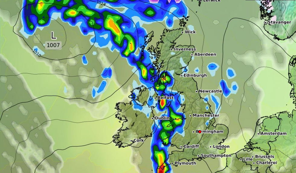 Weather map of rain sweeping across UK