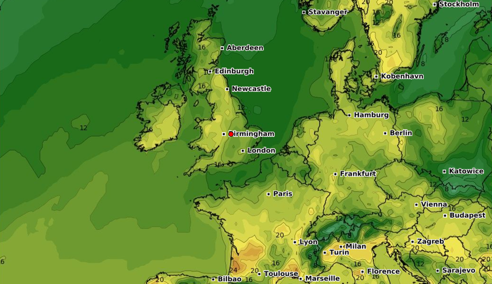 Weather map of warm temperatures