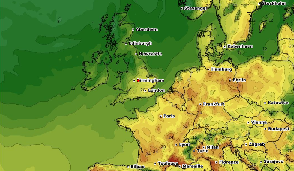 Weather map of warm weather across Britain