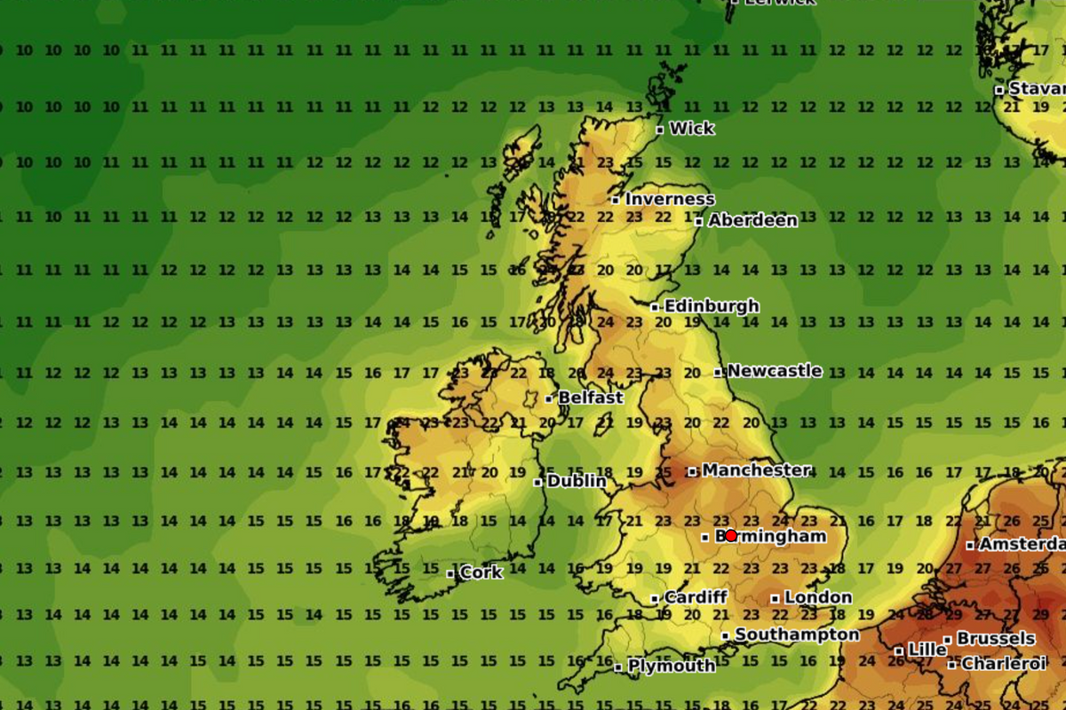 Weather map of warm weather across Britain