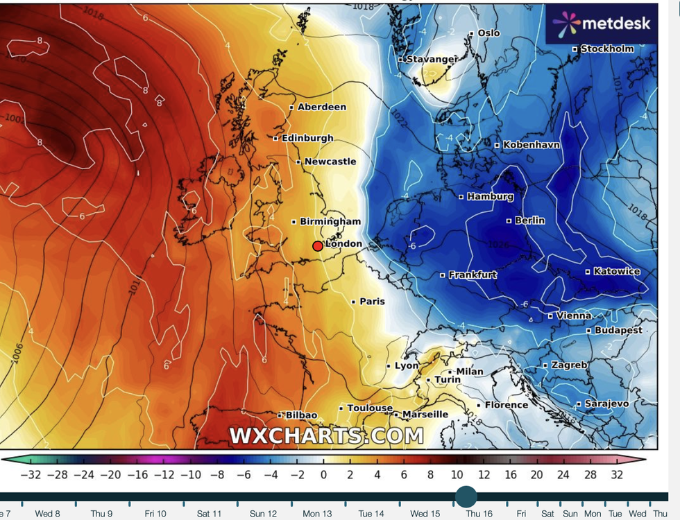 Weather map showing a change to colder temperatures